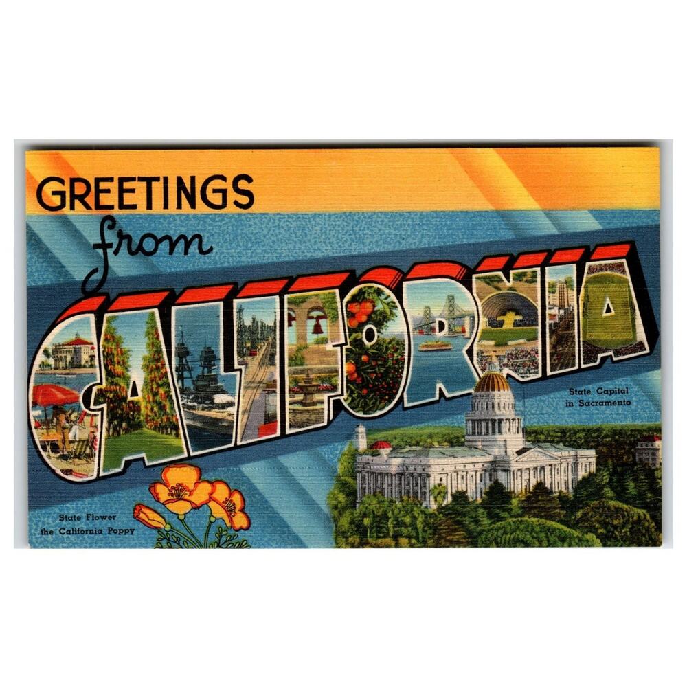 Vintage Greetings California Large Letter Linen Postcard Tichnor 1940s